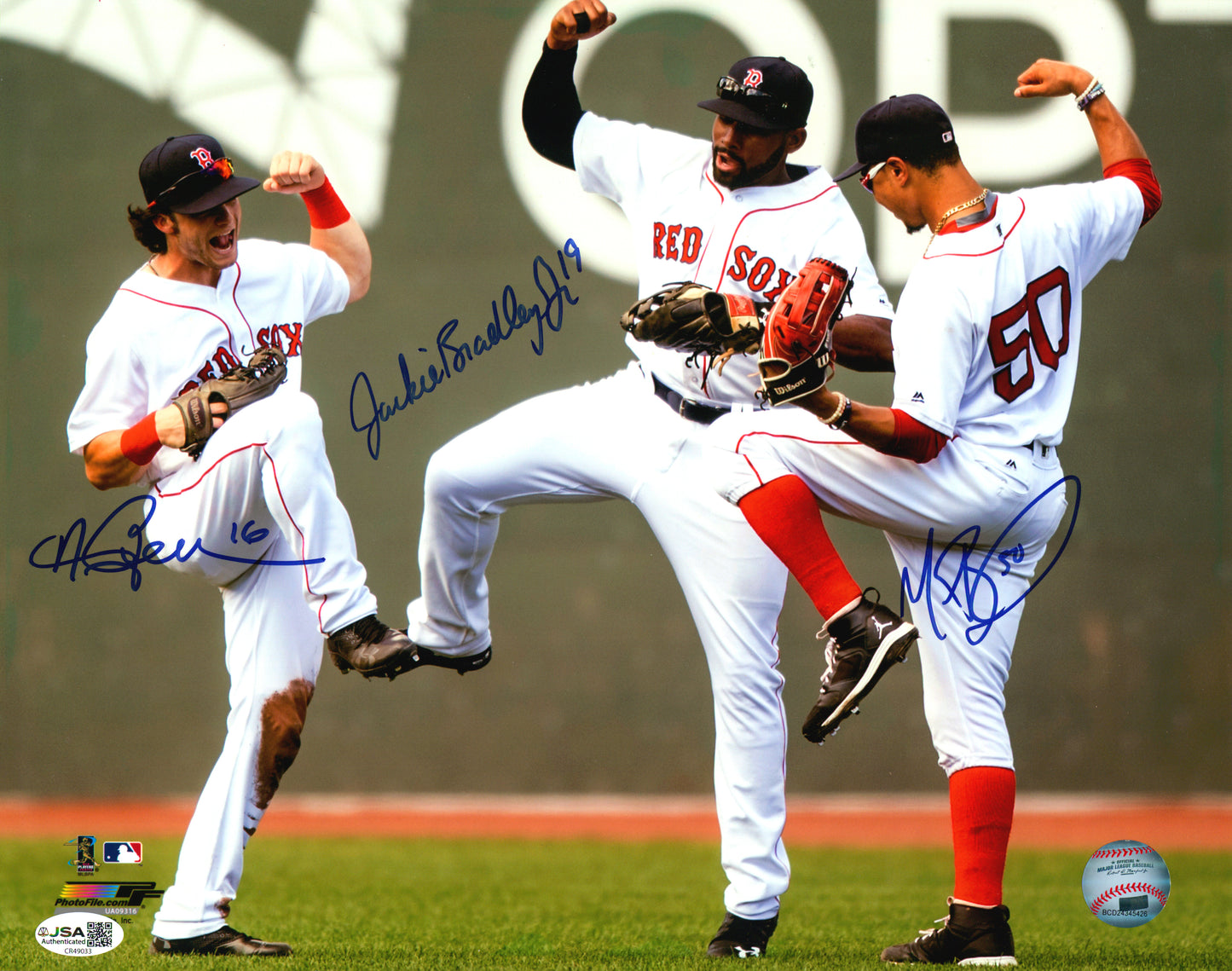Mookie Betts, Andrew Benintendi, Jackie Bradley Jr. Autographed 11x14 Photo (JSA)
