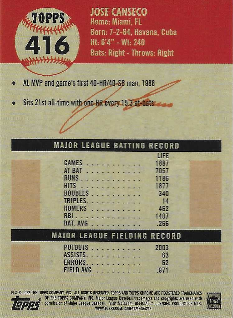 Jose Canseco Signed 2022 Topps Chrome Platinum Card #55 Oakland Athletics