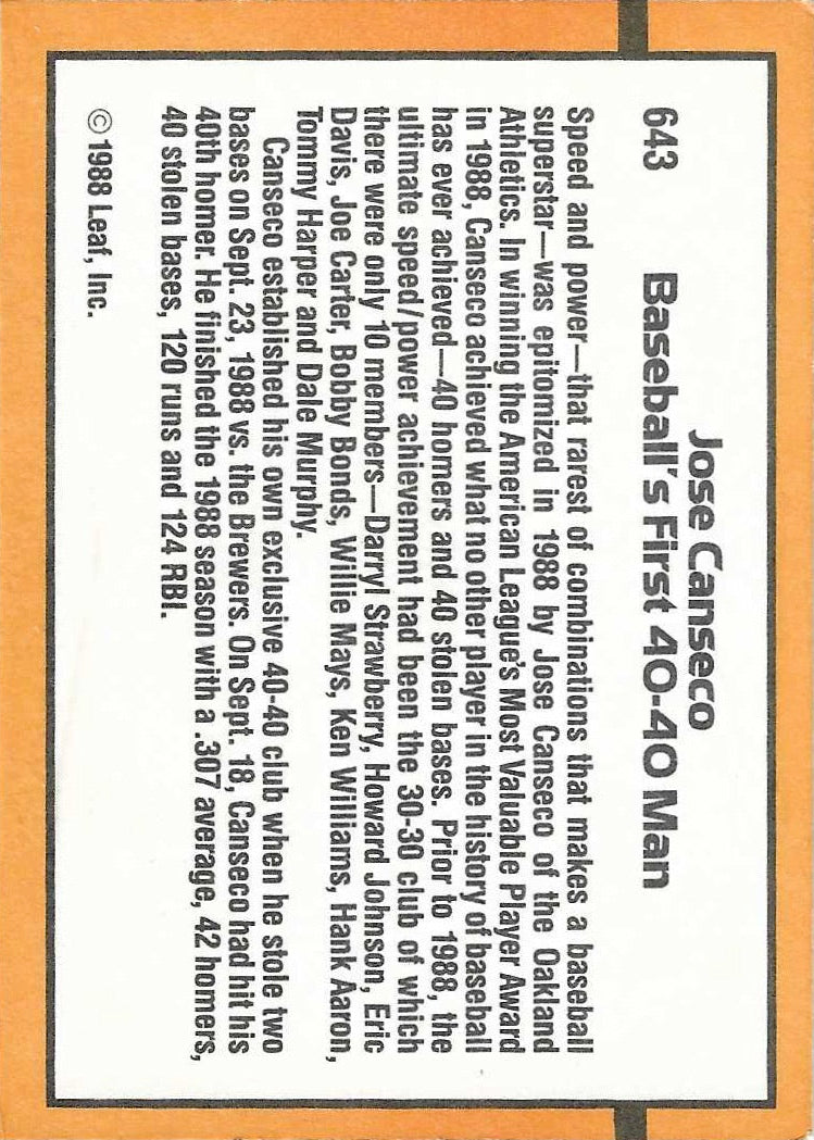 Jose Canseco Signed 1989 Donruss 40/40 Club Card #643 Oakland Athletics