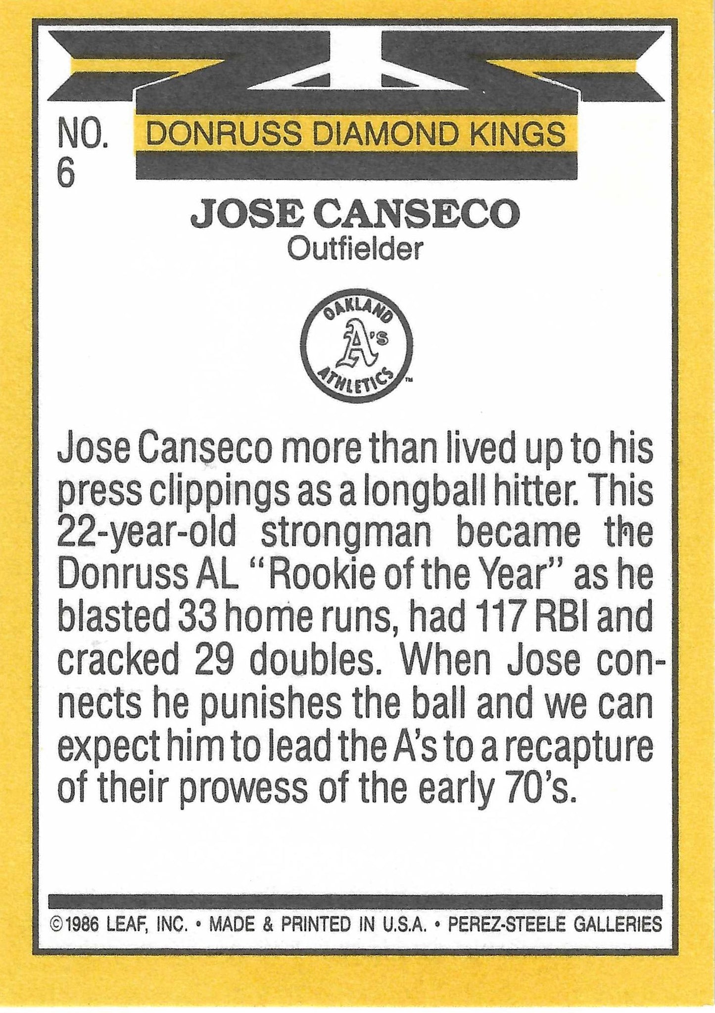 Jose Canseco Signed 1987 Donruss Diamond King Card #6 Oakland Athletics