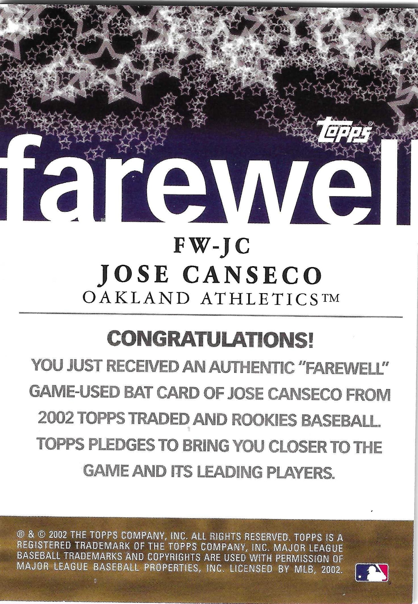 Jose Canseco Signed 2002 Topps Farewell Bat Insert Card #FW-JC Oakland Athletics