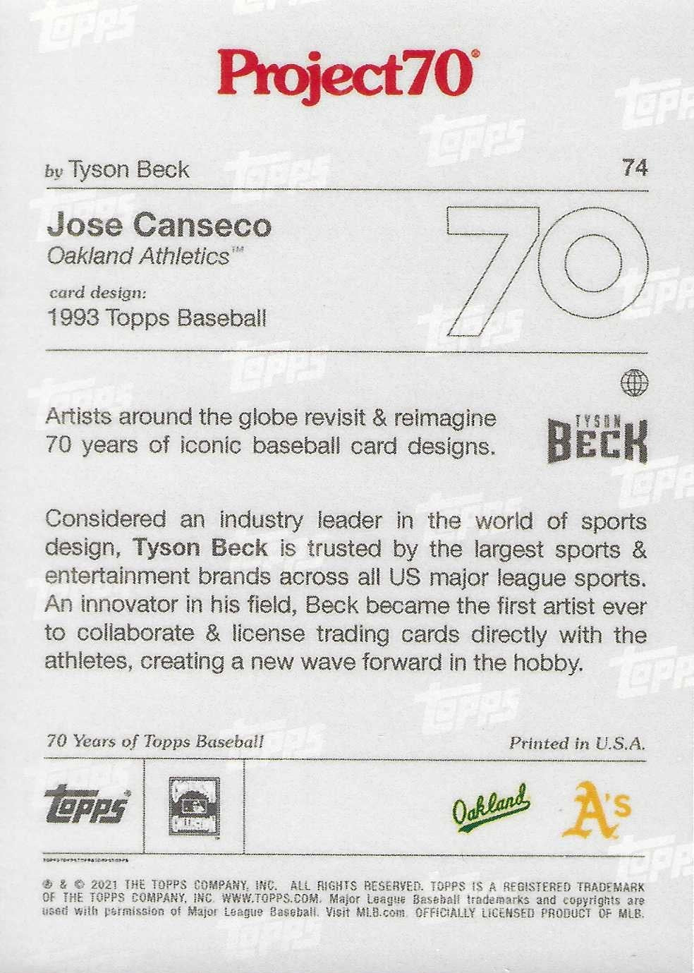 Jose Canseco Signed 2021 Topps Project 70 Card #74 By Tyson Beck