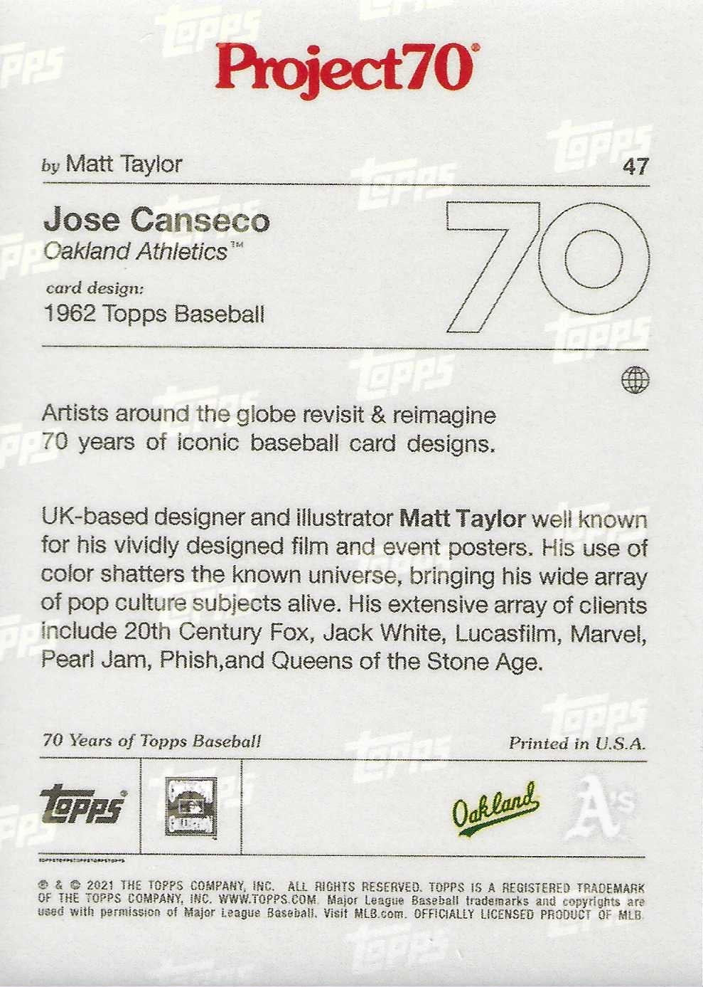 Jose Canseco Signed 2021 Topps Project 70 Card #47 By Matt Taylor