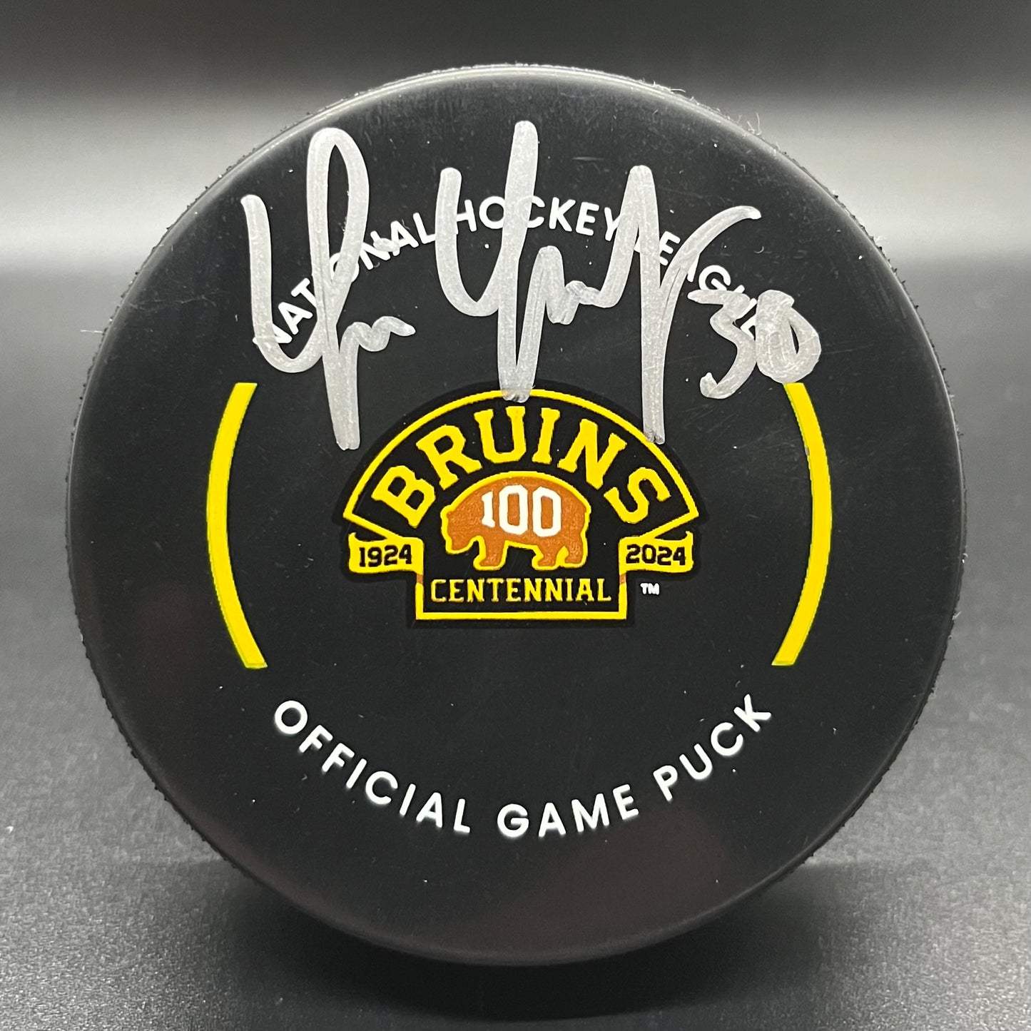 Tim Thomas Boston Bruins 100th Centennial Autographed Official Game Puck (JSA)