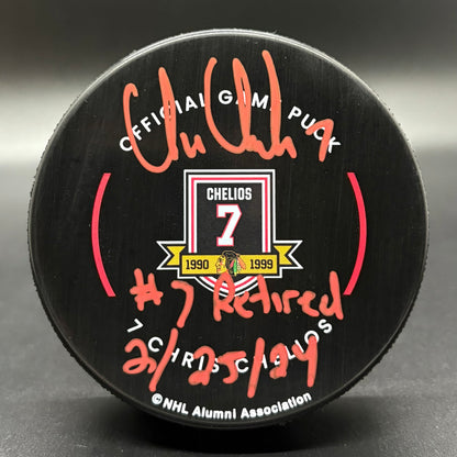 Chris Chelios Jersey Retirement Autographed Puck (JSA)