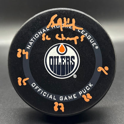 Grant Fuhr "SC Champs 84, 85, 87, 88, 90" Autographed Oilers Game Puck (JSA)