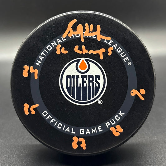 Grant Fuhr "SC Champs 84, 85, 87, 88, 90" Autographed Oilers Game Puck (JSA)