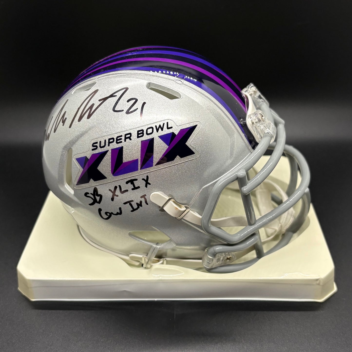 Malcolm Butler "SB XLIX GW INT" Super Bowl XLIX Autographed Mini Helmet (JSA)