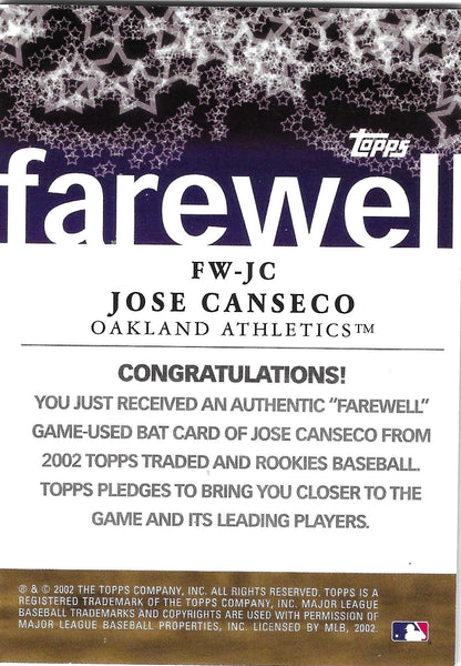 Jose Canseco Signed 2002 Topps Farewell Bat Insert Card #FW-JC Oakland Athletics