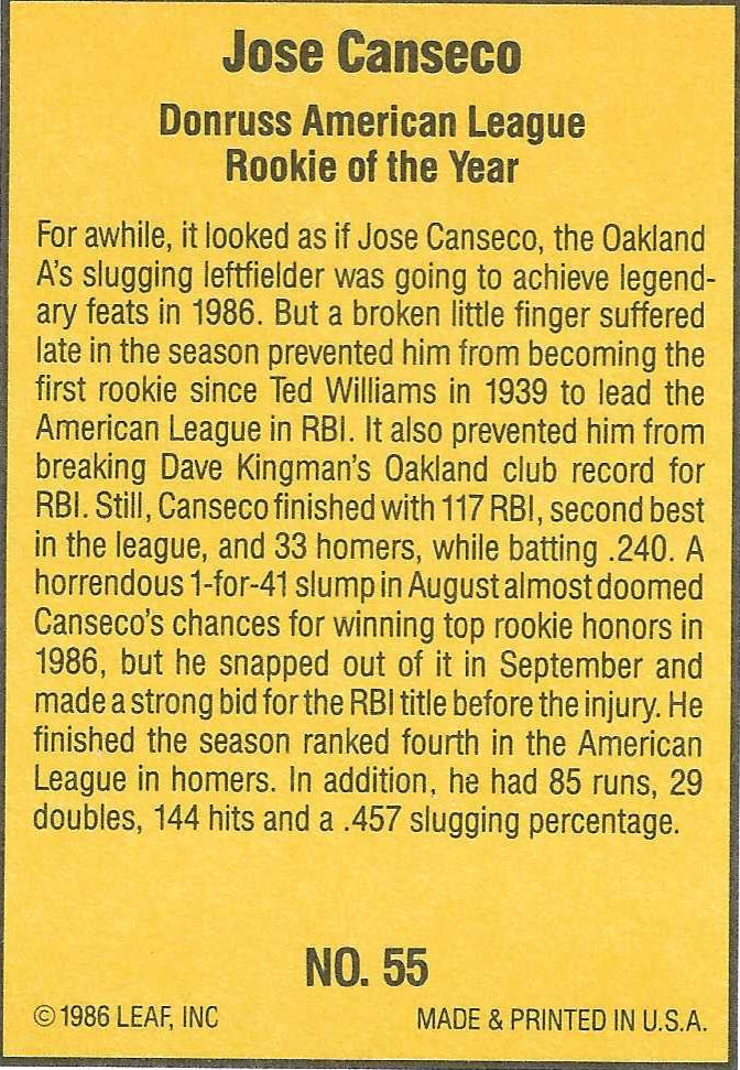 Jose Canseco Signed 1986 Donruss Highlights Rookie Card #55 Oakland Athletics