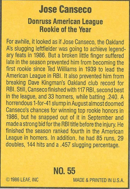 Jose Canseco Signed 1986 Donruss Highlights Rookie Card #55 Oakland Athletics
