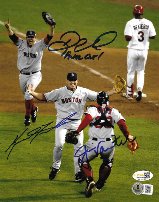 Jason Varitek/Keith Foulke/Doug Mientkiewicz "Final Out!" Autographed 8x10 Photo (BAS/JSA)