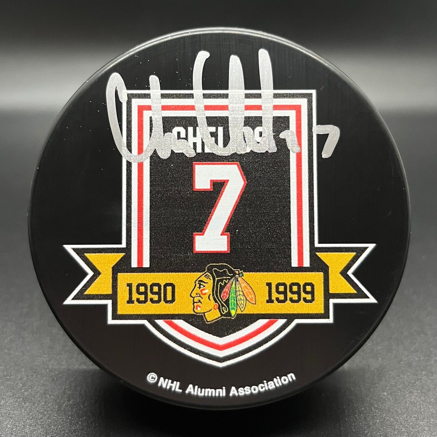 Chris Chelios Chicago Blackhawks Autographed Number Retirement Commemorative Puck (Beckett)